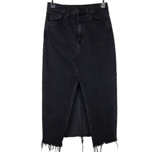 3x1 Denim Midi Skirt Front Slit Frayed Raw Hem High Rise Pockets Black Size 25
